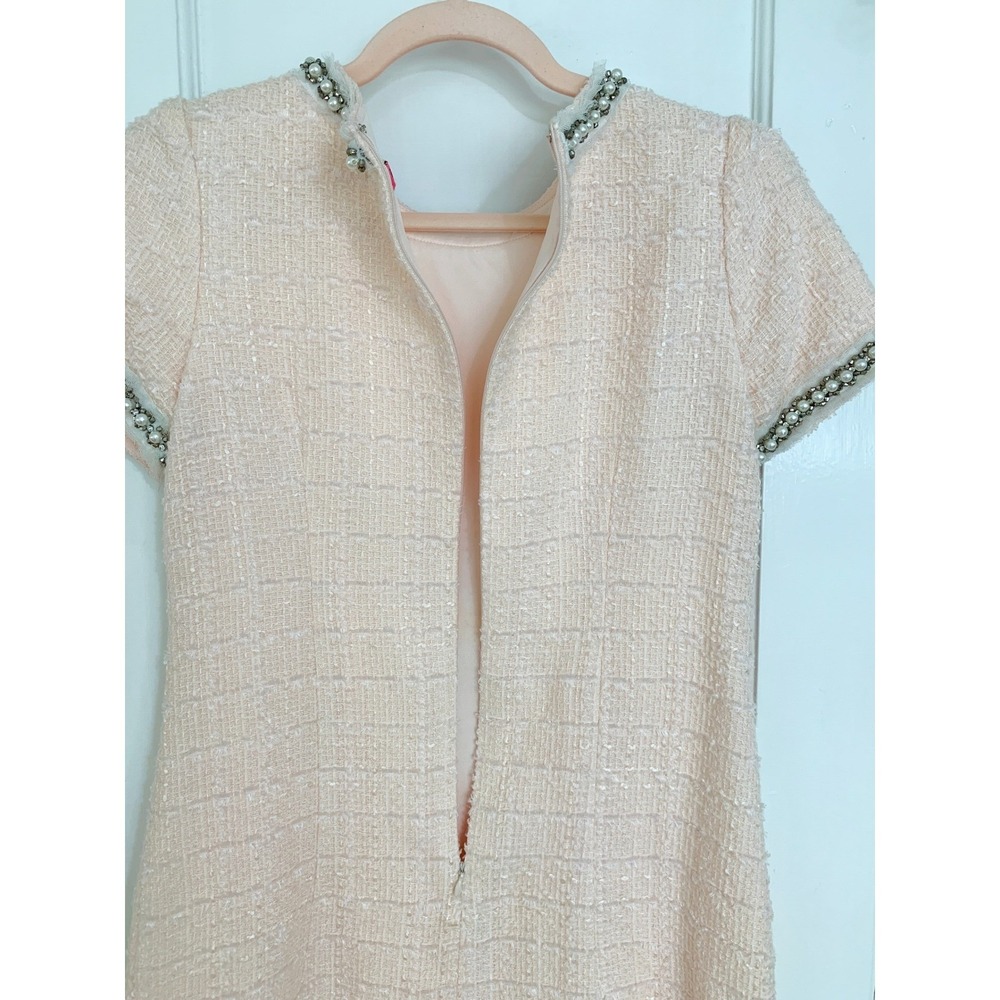 Vintage Betsey Johnson Pink Bouclé Tweed Shift 4 Pearl Rhinestone Mini Dress - Picture 15 of 16
